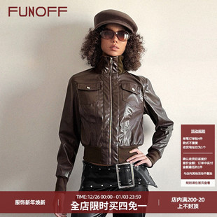 FUNOFF美式 风收腰上衣 复古棕色口袋立领拉链皮衣夹克外套街头工装