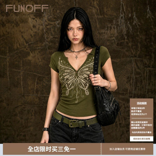 美式复古蝴蝶印花排扣V领短袖T恤