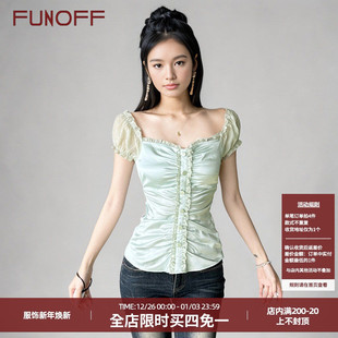 T恤少女感宫廷减龄显瘦上衣 bm风绿色排扣收腰包肩短袖 FUNOFF 法式