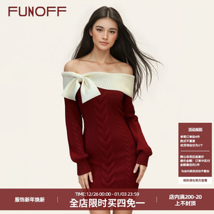 毛织连衣裙圣诞包臀短裙女 复古撞色一字肩蝴蝶结长袖 FUNOFF 美式