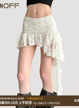 FUNOFF 法式复古白色蕾丝不规则飘带半身裙流浪风性感蛋糕短裙夏