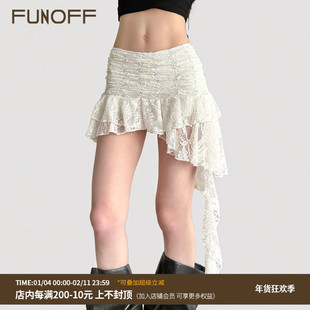 FUNOFF 法式复古白色蕾丝不规则飘带半身裙流浪风性感蛋糕短裙夏
