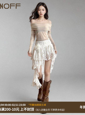 FUNOFF 复古白色蕾丝立体玫瑰不规则半身裙街头流浪感蛋糕短裙女