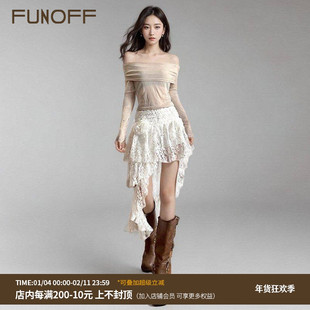 FUNOFF 复古白色蕾丝立体玫瑰不规则半身裙街头流浪感蛋糕短裙女