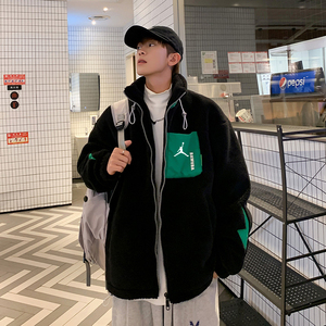 aj飞人羊羔绒外套男士秋冬季加绒加厚立领夹克青少年宽松保暖棉袄