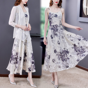 RM19140#雪纺裙子时尚两件套圆领套装裙网纱女士修身连衣裙2023夏季新款