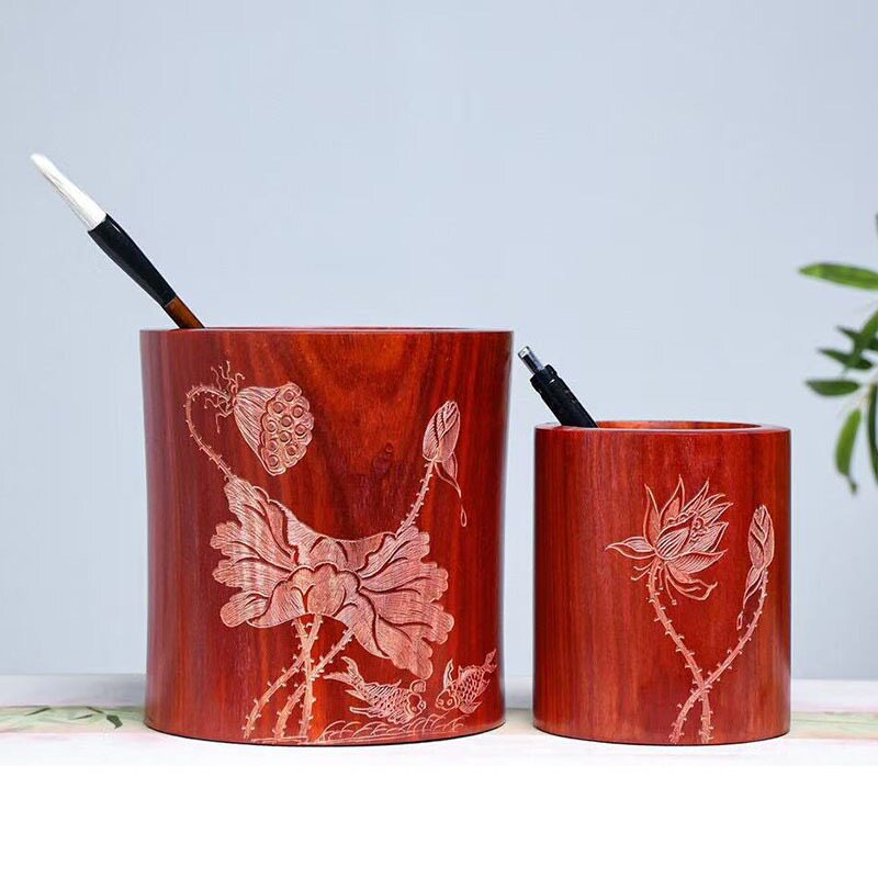 小叶紫檀木雕莲花红木笔筒二件套办公桌面创意摆件实木复古文房