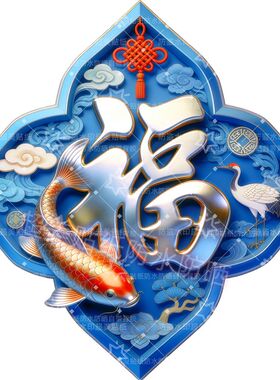 蓝色高级锦鲤福字贴纸门窗餐厅墙上过年春节氛围感装饰自粘贴画