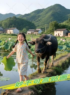 80年代儿时记忆放牛娃童年乐趣自贴画乡村田园风景画走廊背景墙贴