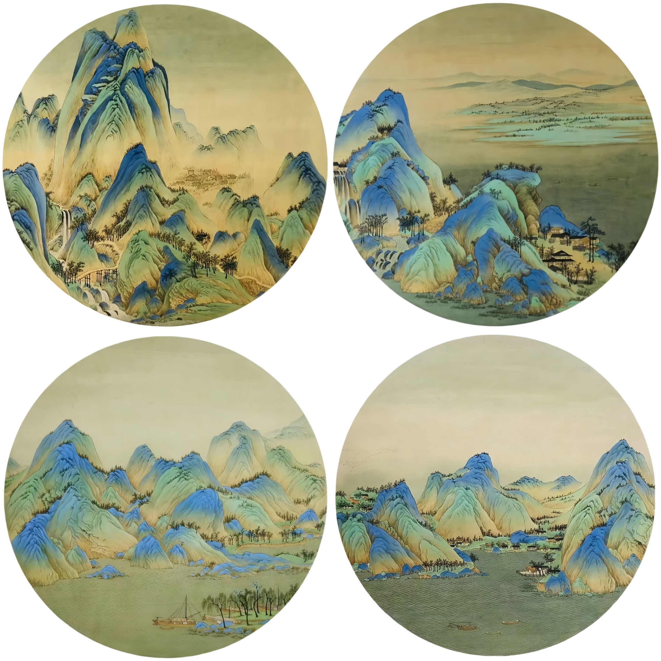 圆形局部千里江山图装饰贴画客厅卧室走廊过道装饰自粘贴纸中式图片