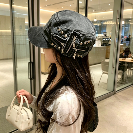 新款街头金属铆钉平顶帽女小众春秋柳丁亚比帽辣妹水洗做旧鸭舌帽