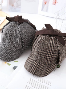 双帽檐设计护耳帽子侦探福尔摩斯猎鹿帽神探卷福夏洛克亲子帽潮