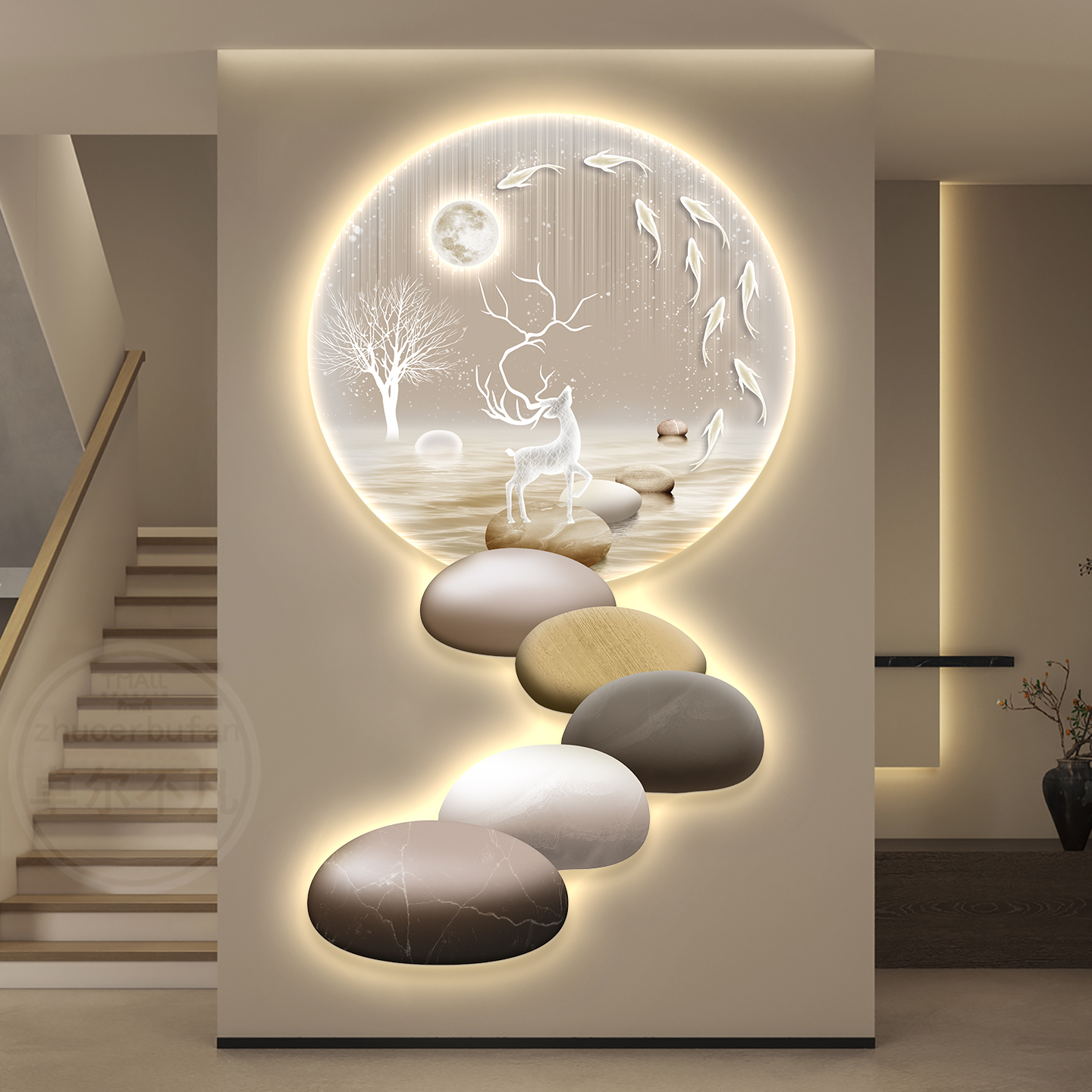 带灯led石来运转轻奢入户玄关装饰画简约现代挂画走廊过道高级感