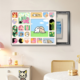 线条小狗超薄电表箱装饰画多巴胺配电箱弱电箱挂画开关盒盖面板画