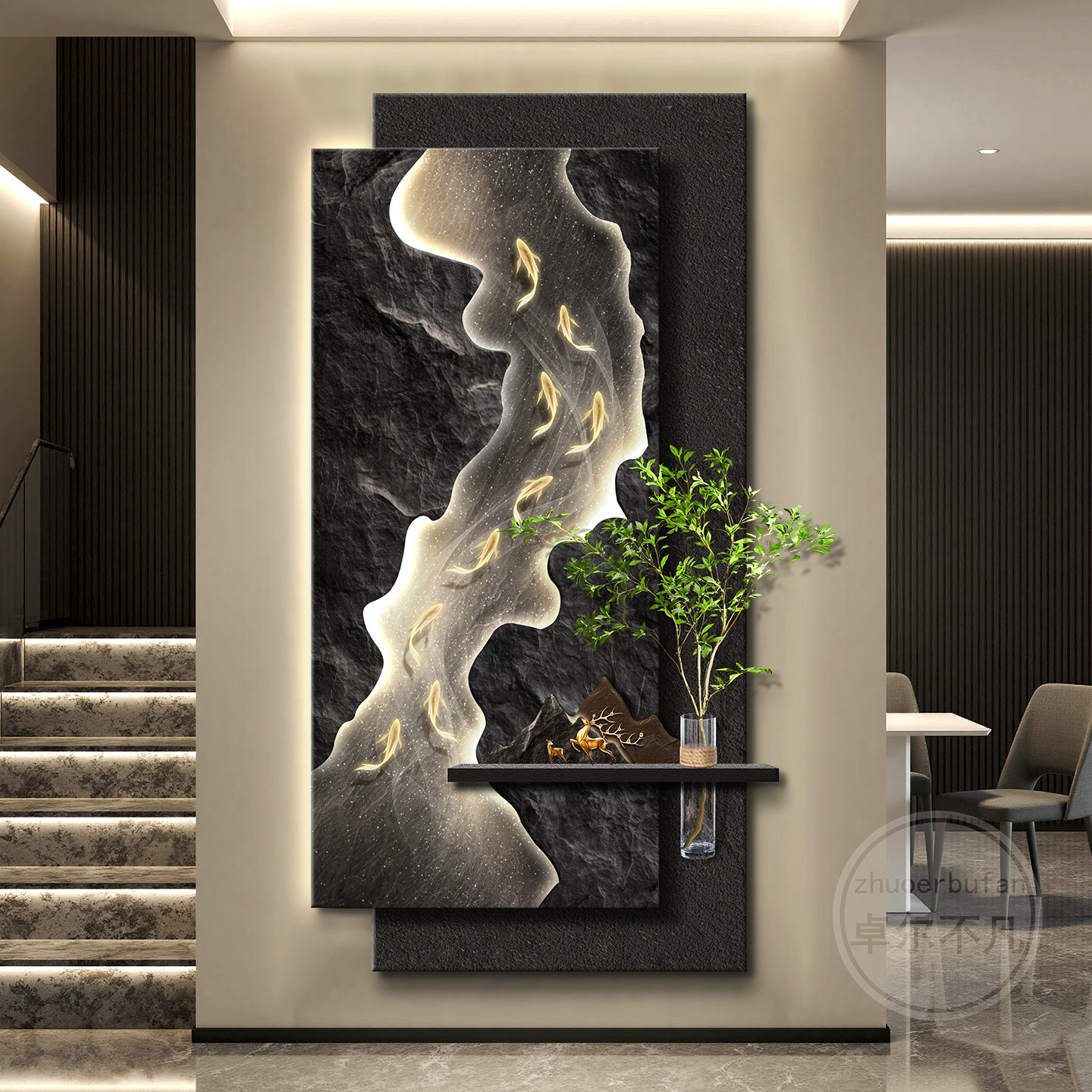 九鱼图轻奢玄关装饰画高级感客厅走廊过道挂画立体入户门造景壁灯