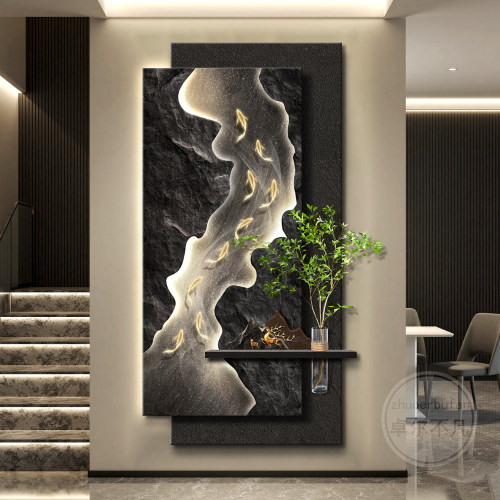 九鱼图轻奢玄关装饰画高级感客厅走廊过道挂画立体入户门造景壁灯