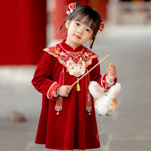 汉服女童秋冬季连衣裙改良加绒旗袍云肩新中式唐装儿童喜庆过年服
