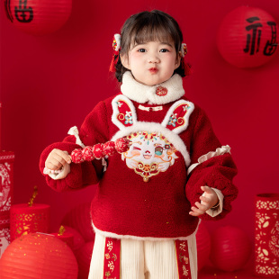 裤 子古装 新年拜年服加绒加厚 汉服女童高端卫衣套装 可爱国风过年服