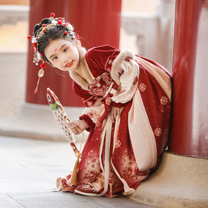 女童汉服秋冬连衣裙2024新款儿童古风红色过年拜年服西域唐装古装