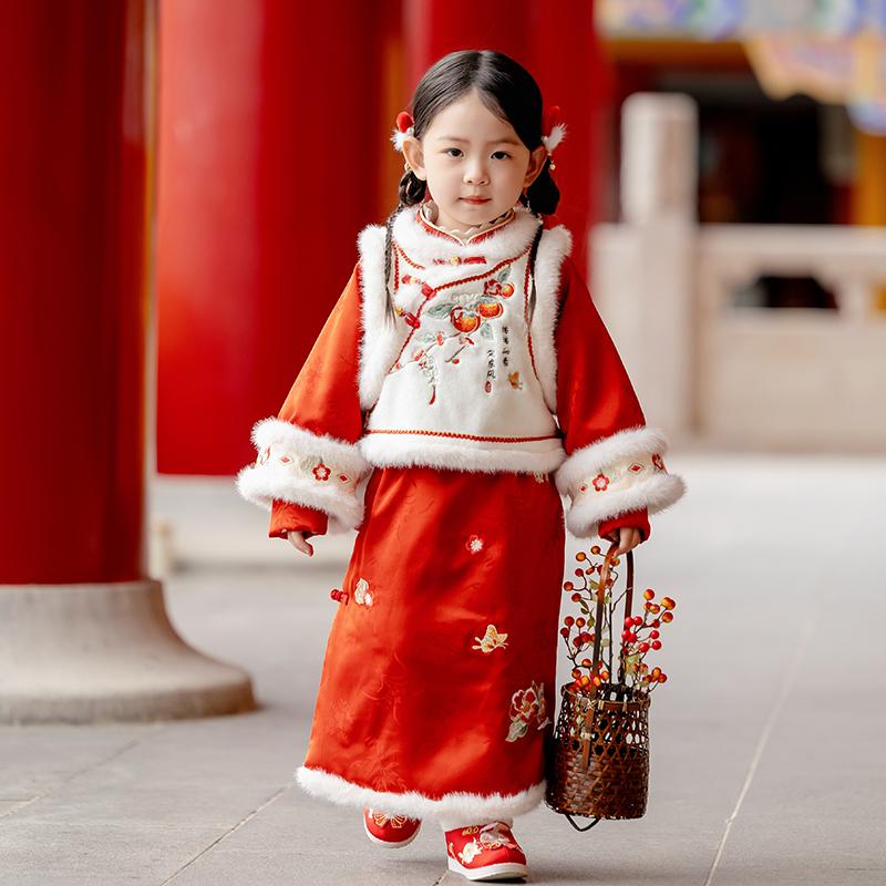 女童红色喜庆加厚拜年服连衣裙冬