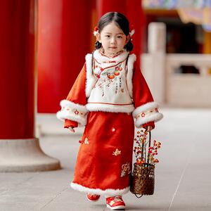 女童汉服旗袍裙冬季新款加绒加厚红色拜年服国风儿童喜庆唐装套装