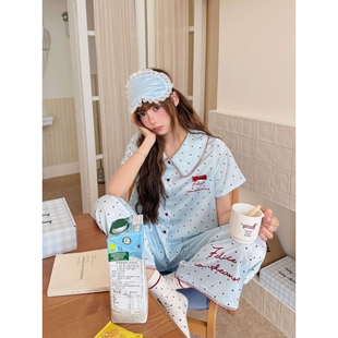 韩系少女设计感冰丝波点睡衣女款夏季大码舒适短袖长裤家居服套装