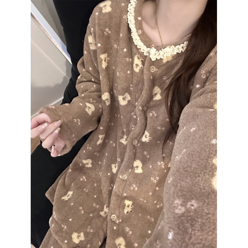 韩版卡通小熊法兰绒睡衣女冬季新款加厚保暖毛绒亲肤家居服两件套