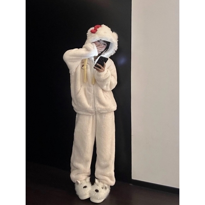 少女可爱Kitty猫连帽珊瑚绒睡衣
