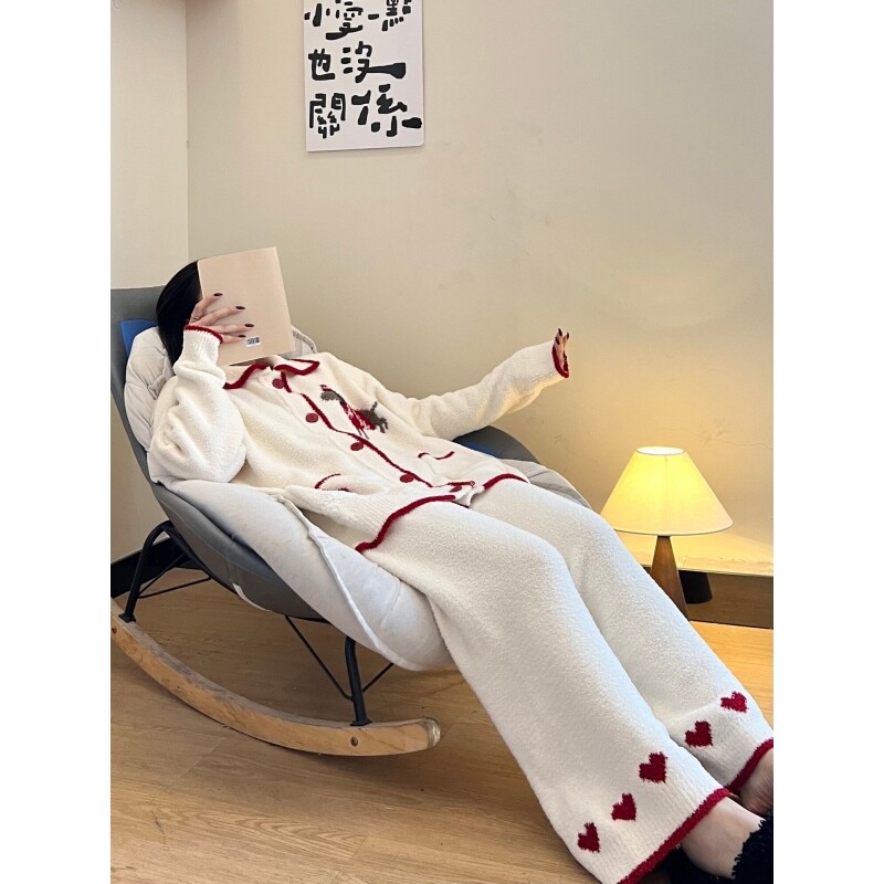 韩系爱心腊肠狗印花半边绒睡衣女秋冬季加厚保暖针织家居服两件套