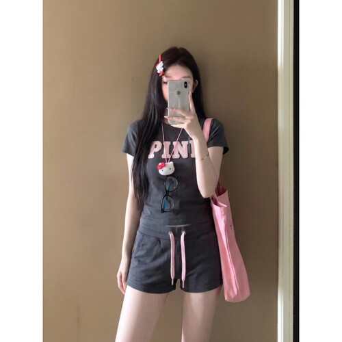 美式甜辣妹字母T恤睡衣女夏季新款大码短袖短裤家居服套装可外穿
