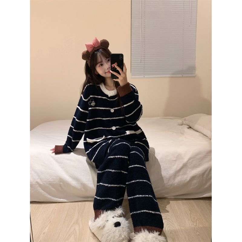 韩系可爱米奇条纹针织半边绒睡衣