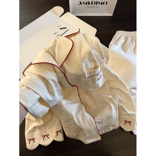 韩式 新款 舒适宽松家居服套装 外穿 风简约可爱撞色翻领睡衣女春秋季