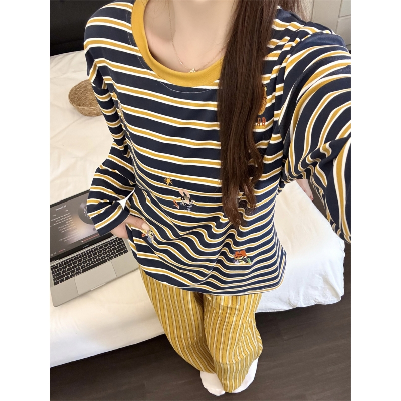 卡通可爱条纹睡衣女春秋款家居服