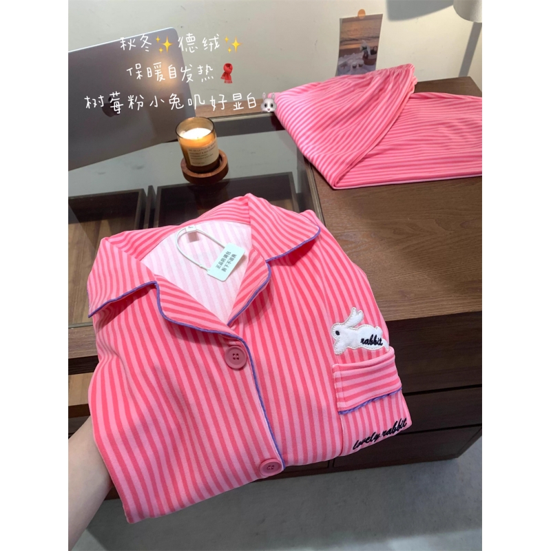 2025新款少女甜美粉色条纹德绒睡衣女秋冬季可外穿保暖家居服套装