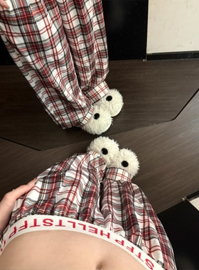 韩版红色格纹睡裤女士夏季新款高腰宽松复古格子裤家居遛弯长裤子