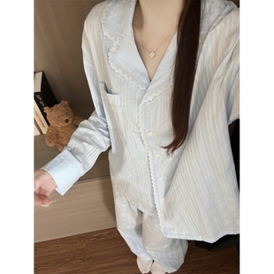 蕾丝花边家居服套装 温柔风baby蓝高级感睡衣少女夏款 长裤 大码 长袖