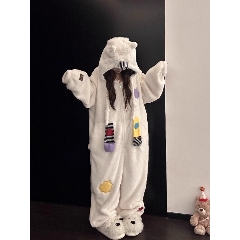 可爱卡通连帽一体式保暖睡衣女秋冬季新款家居服加厚连体衣可外穿