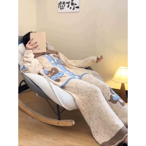 可爱翻领卡通小熊睡衣女秋冬套装