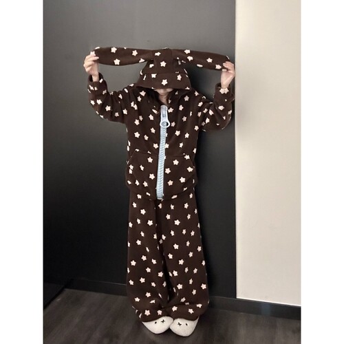 美式复古星星印花连帽珊瑚绒睡衣女冬季大码宽松家居服套装可外穿
