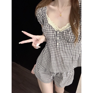 韩系甜美少女性感花边短袖睡衣女夏季设计感纯欲风短裤家居服套装