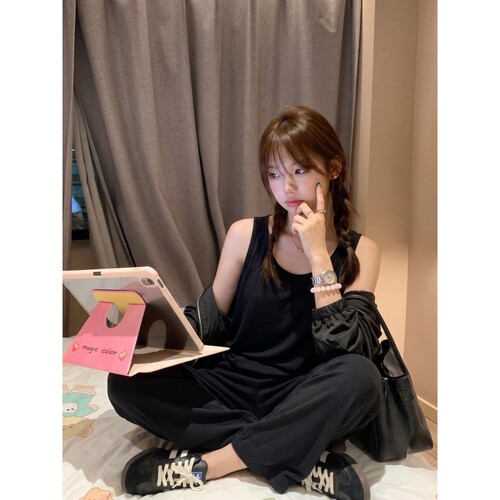 韩系高级简约纯色背心睡衣女款夏季大码宽松长裤家居服套装可外穿
