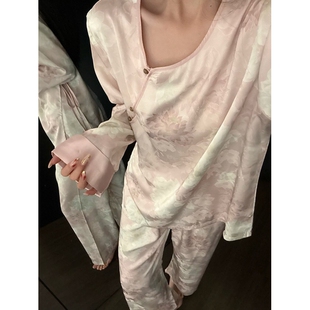 国风温婉盘扣冰丝长袖睡衣女士春夏季新款新中式家居服套装可外穿