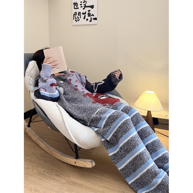 卡通设计感半边绒针织毛衣睡衣女