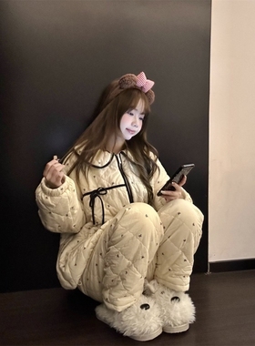 白色系带蝴蝶结夹棉睡衣女冬季加绒加厚保暖家居服套装宽松可外穿