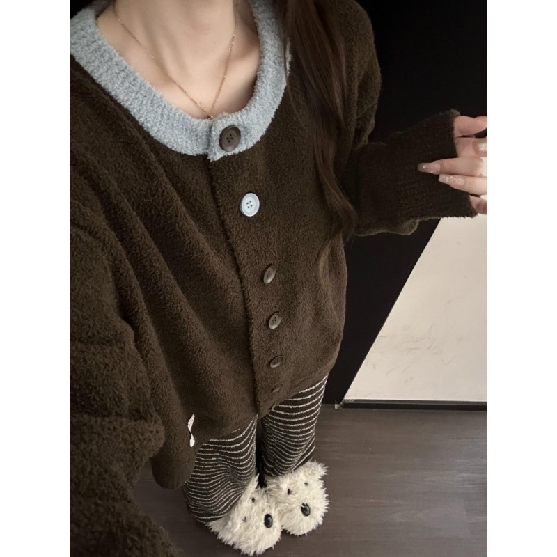 韩系慵懒风简约撞色条纹半边绒睡衣女冬季加厚保暖针织家居服套装,女士内衣/男士内衣/家居服,睡衣/家居服套装,淘宝优惠券,粉丝福利购,淘宝优惠卷