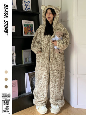 可爱卡通豹纹连帽珊瑚绒连体睡衣