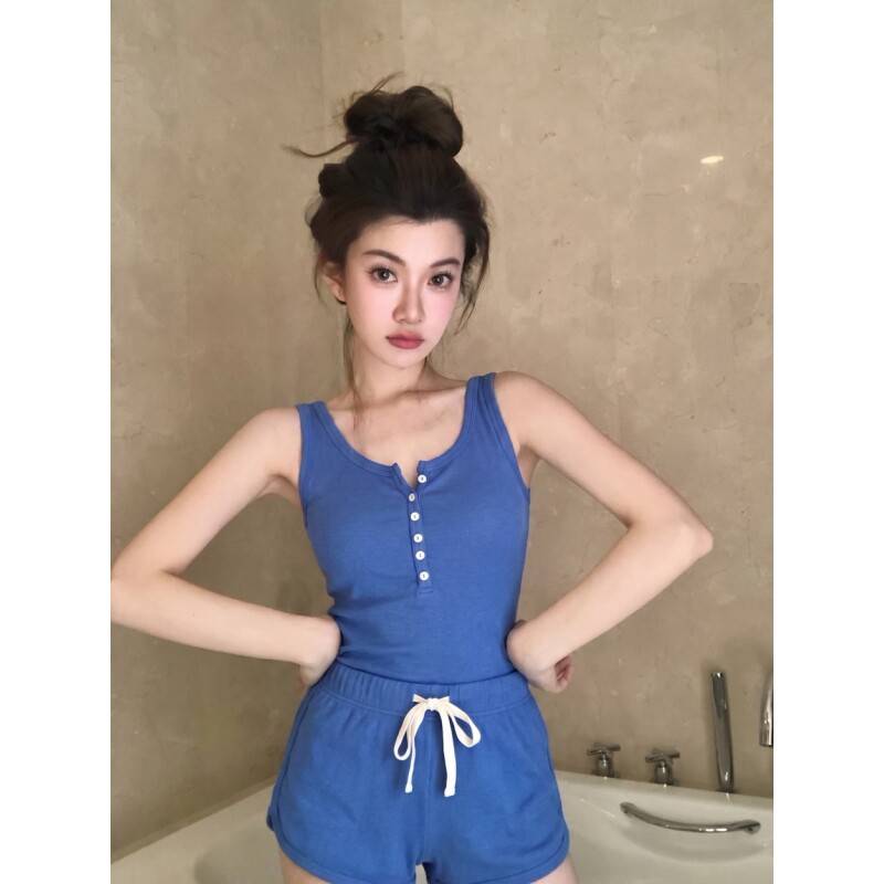 宝蓝色美式复古背心睡衣女款夏季2026新款显瘦修身短裤居家服套装