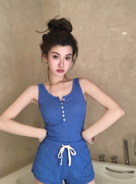宝蓝色美式复古背心睡衣女款夏季2026新款显瘦修身短裤居家服套装