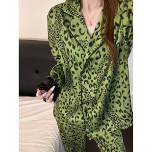 高级感橄榄绿豹纹冰丝睡衣女春季 家居服套装 新款 蕾丝开衫 长袖 韩版