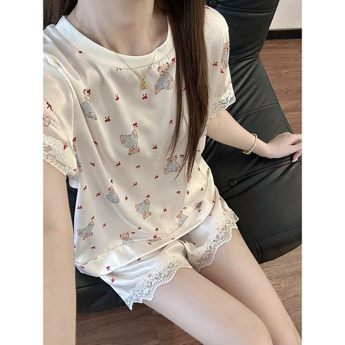 甜美少女小熊印花冰丝短袖睡衣女